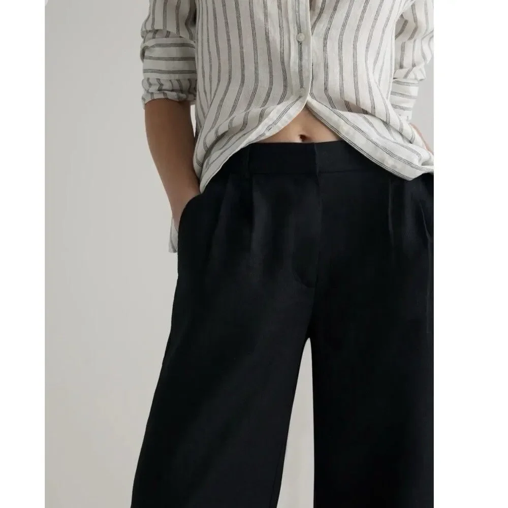 Quince 100% European Linen Pleated Trousers Black Size 14 Wide Leg High Rise